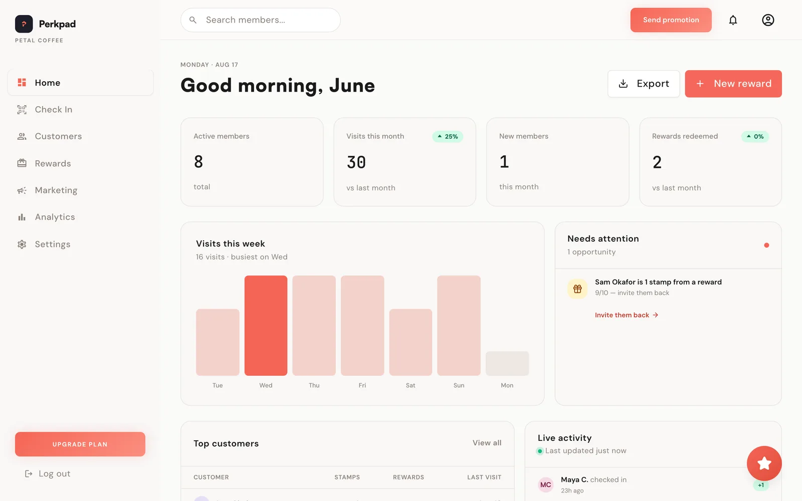 Example Perkpad dashboard showing members, weekly visits, and recent activity