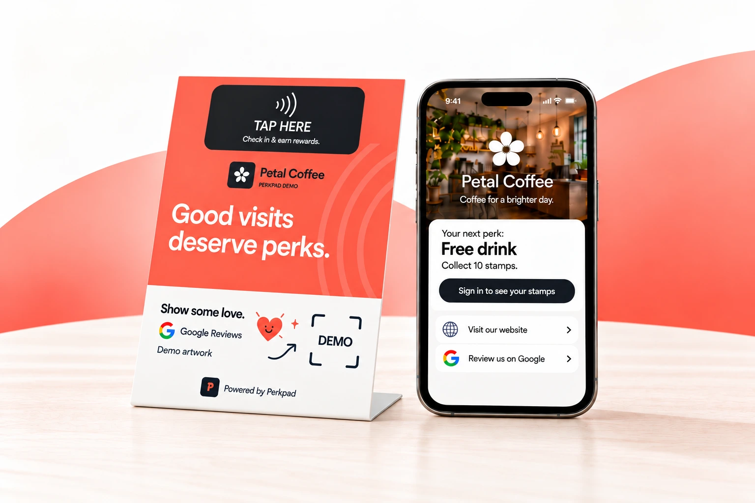 Illustrative Petal Coffee demo showing a thin L-shaped tap stand with review artwork beside its business page on a phone